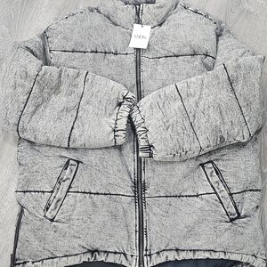 LNDN Denim Puffer Jacket Acid Wash XL Grey Coat Winter‎ Chunky NWT
